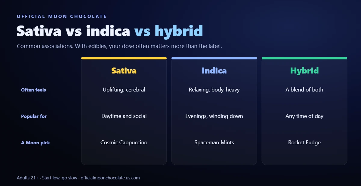 Sativa vs indica vs hybrid edibles: common associations, when people choose each, and a Moon pick